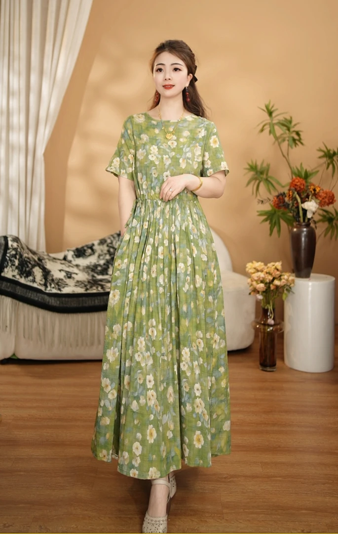 【素雅】夏季新款高档长款印花宽松收腰显瘦大裙摆连衣裙长裙3046