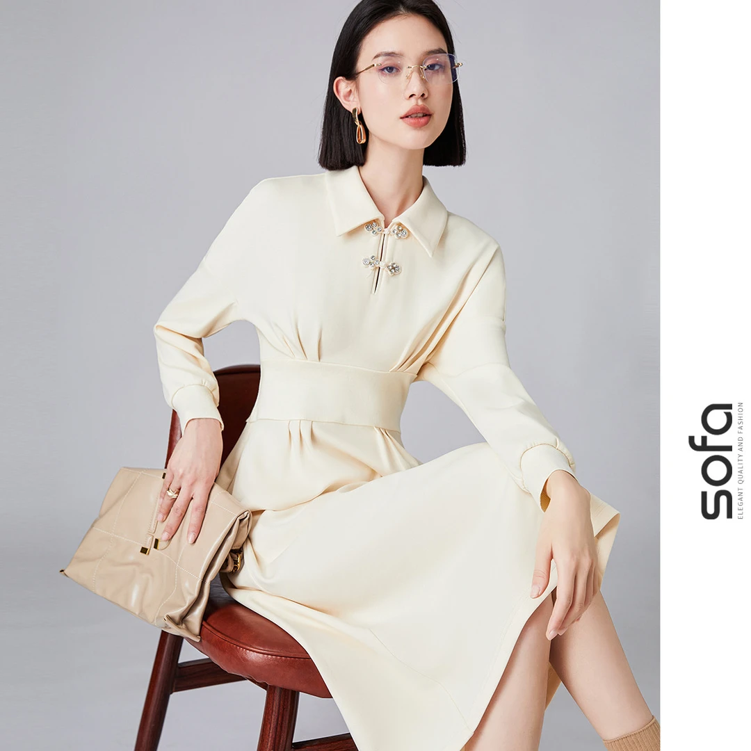 sofa【新中式盘扣连衣裙】极简纯色休闲裙子秋季收腰显瘦中长裙气质
