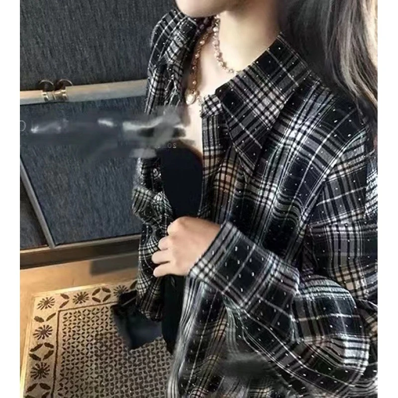 反季满天星小众烫钻黑粉格子衬衫男时尚亮闪闪长袖衬衣夏季裙子