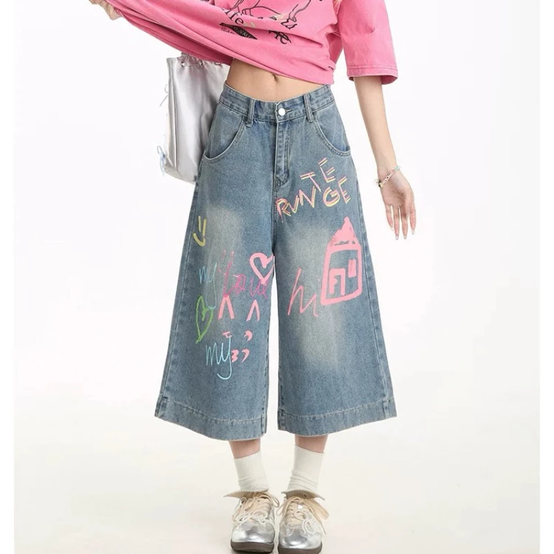 美式复古涂鸦牛仔七分裤男女夏季美式阔腿裤子直筒街头休闲短裤