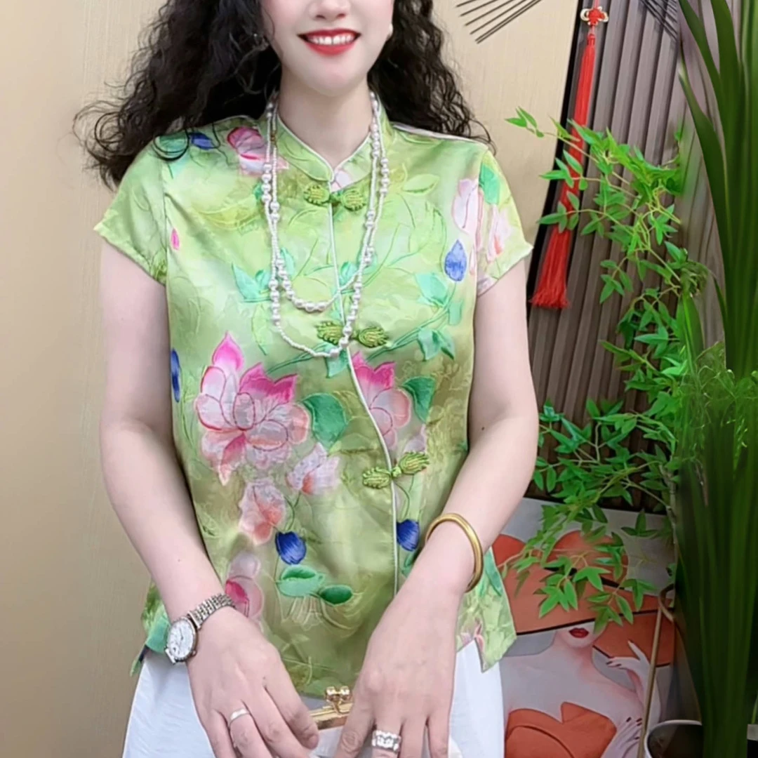 2025夏季薄款短袖中国风时尚常规款上衣斜襟提花新中式复古气质