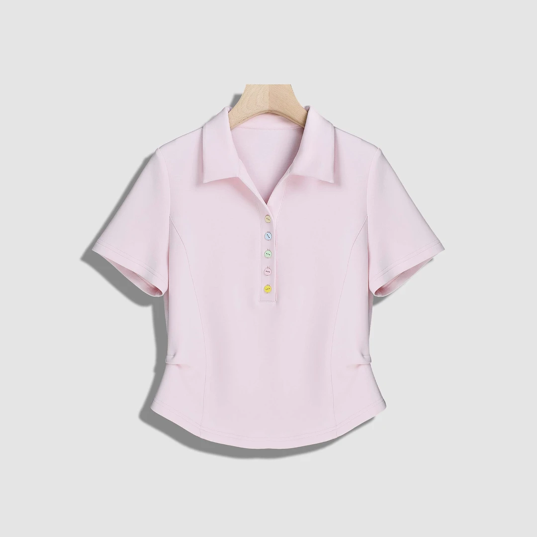 【阿紫】彩色多粒扣掐腰纯色百搭休闲T恤-Y17630