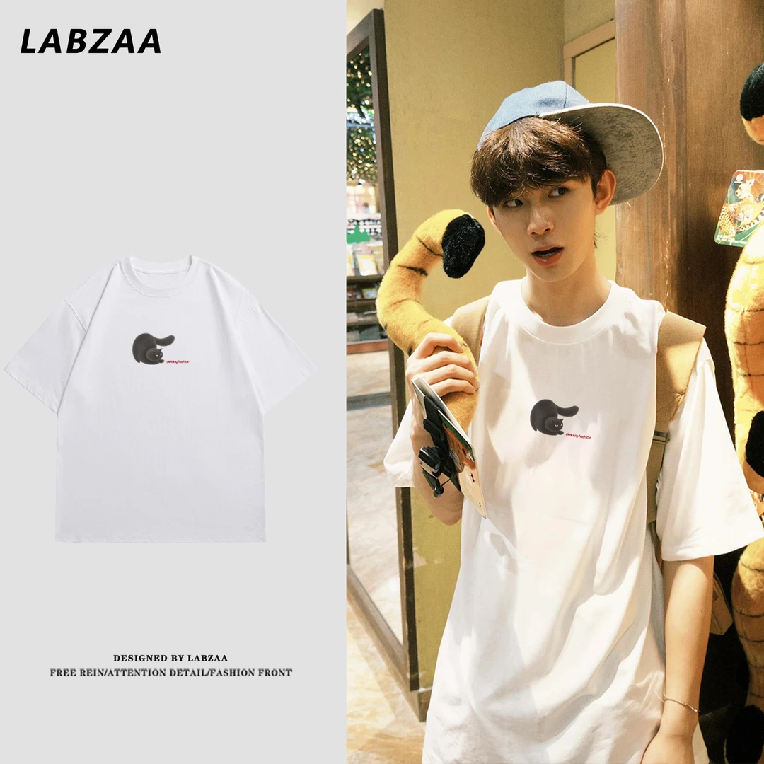 100%纯棉夏季新款趣味小猫咪印花短袖T恤男简约宽松情侣T恤上衣女