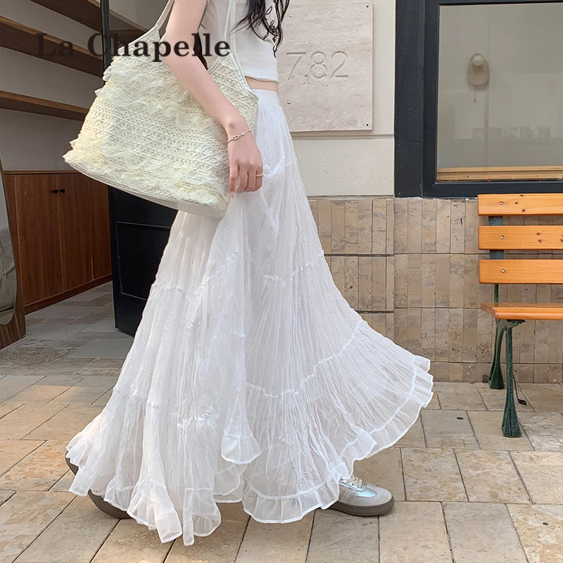 拉夏贝尔白色蛋糕裙女夏季2025新款宽松垂感休闲显瘦纱裙半身裙子