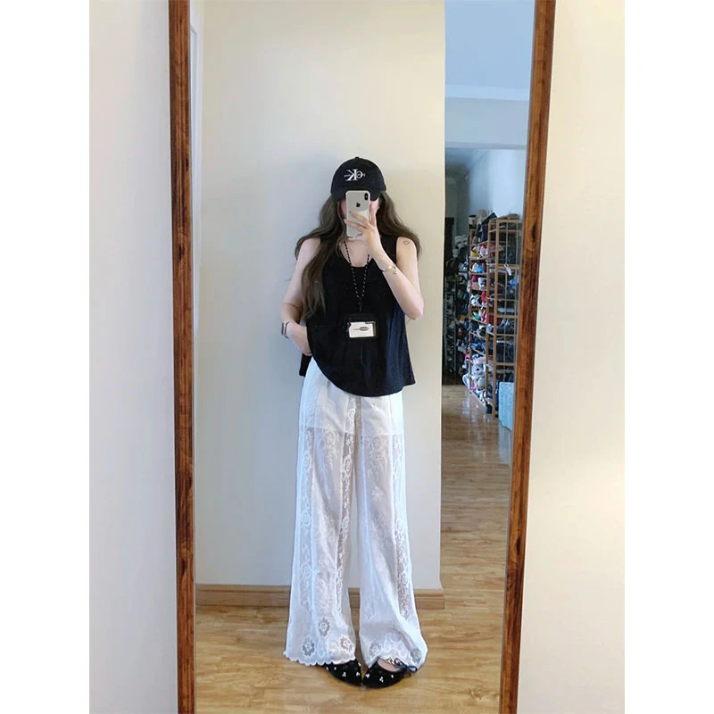 韩系洋气通勤百搭背心上衣夏季薄款透气镂空蕾丝拼接阔腿裤两件套