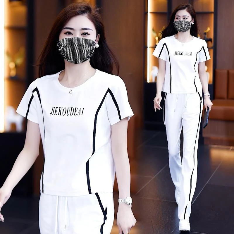 宽松运动套装女夏新款洋气减龄大码胖MM显瘦高腰阔腿裤两件套夏季