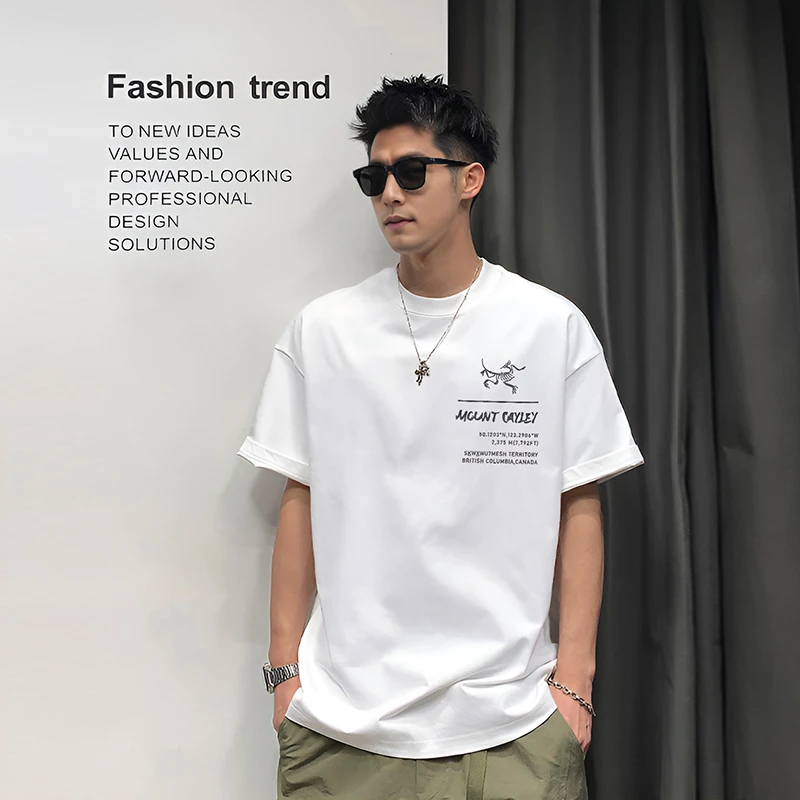 2025夏季潮流圆领印花短袖T恤男美式高街痞帅宽松大码半袖T2115