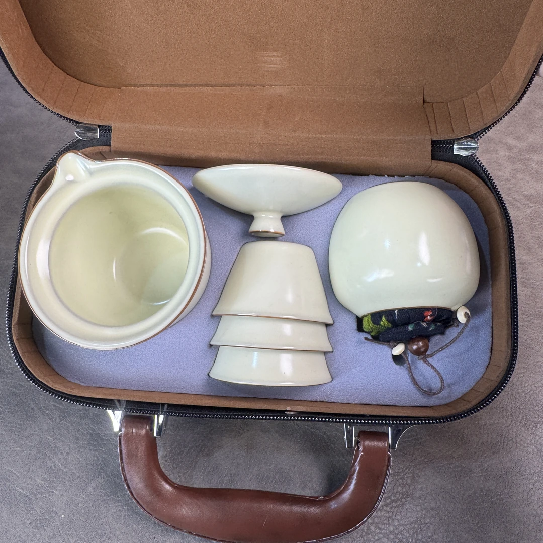 AA128黄汝开片旅行茶具一壶三杯盖碗手抓壶户外露营车载旅行套