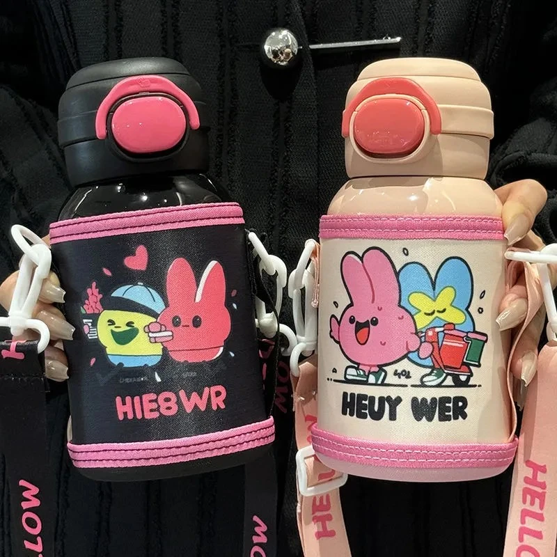 高颜值女生适用带吸管直饮可爱动物款不锈钢便携两用提绳保温杯