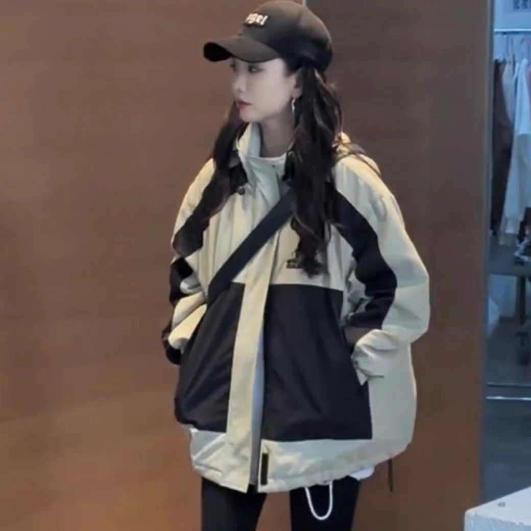 欧货连帽冲锋衣撞色春秋外套女2025冬季夹克开衫中长款潮