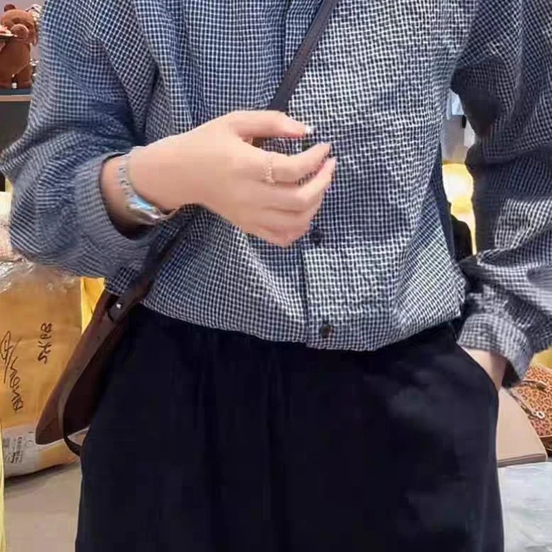 la creme韩国东大门2025秋款复古花边领系扣格纹长袖衬衫