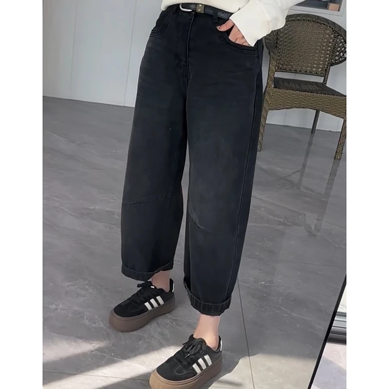 复古百搭宽松遮胯直筒老爹裤秋季新款小个子高腰显瘦九分哈伦裤子