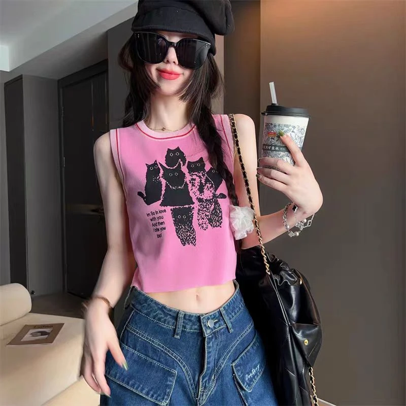 时尚猫咪印花显瘦针织背心千禧风吊带无袖ins印花设计感百搭上衣