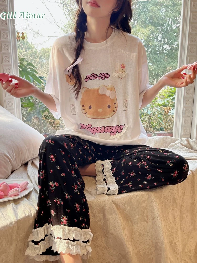 夏季女士短袖短裤家居服甜美卡通印花休闲睡衣套装