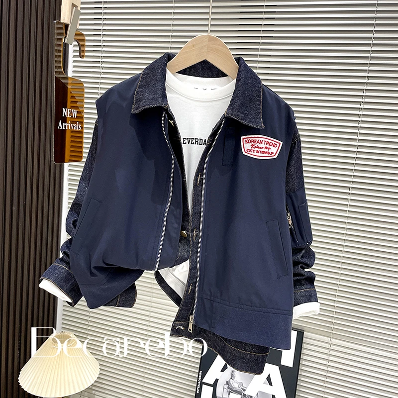 130-180【假两件】青少年男童秋装外套中大童春秋款男孩牛仔衣服潮