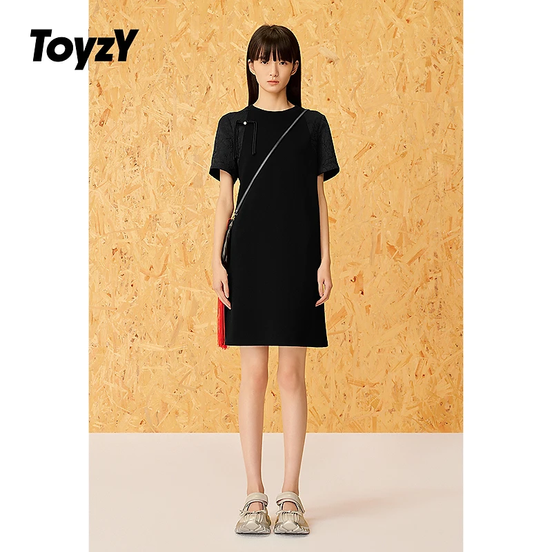 ToyzY25夏新款新中式提花拼接黑色连衣裙女ZC35105050