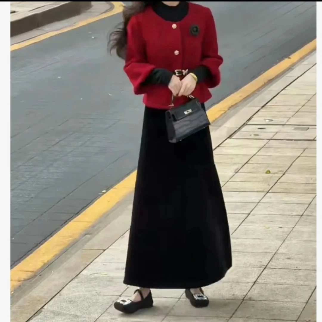 秋冬季新款时尚气质外套高腰半身裙显瘦百搭女装套装潮流裙子黑色