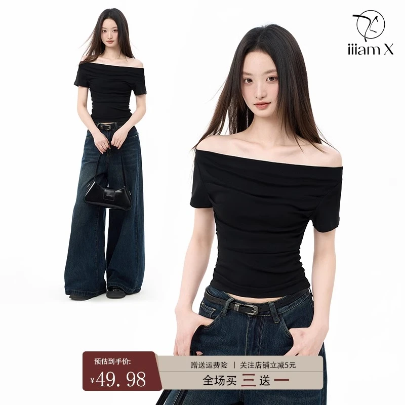 iiiamX黑色一字肩短袖t恤女夏2025新款露肩辣妹修身显瘦短款上衣