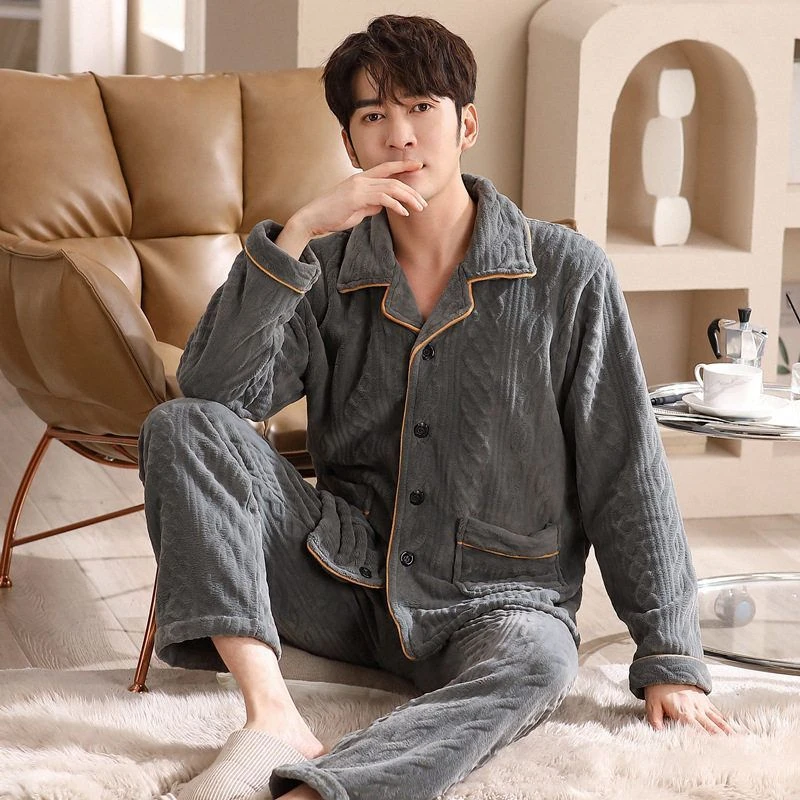 2024新款男士秋冬加厚款法绒睡衣长袖开衫家居服冬季套装