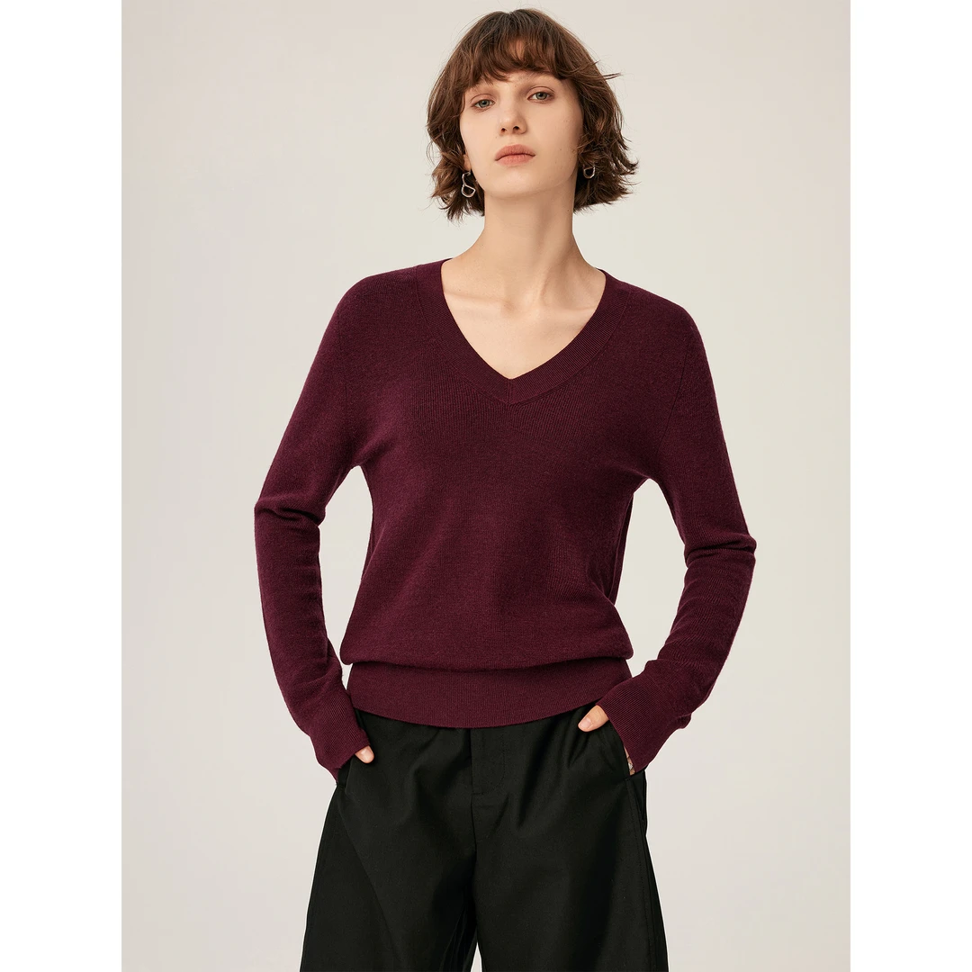 V领精纺扬子纱100羊毛衫2025秋新女士针织打底衫宽松显瘦薄款毛衣