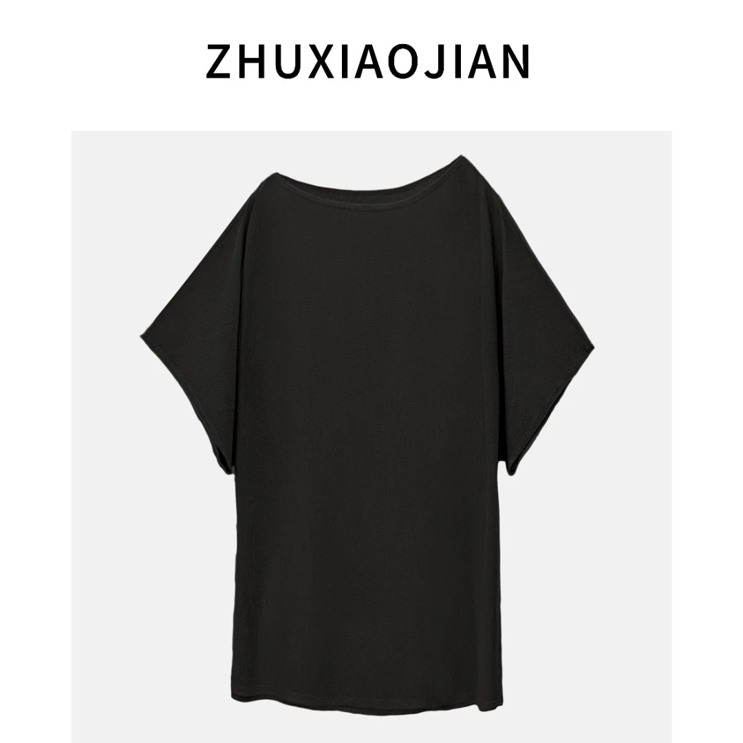 夏季新款老钱风短袖T恤斜肩一字领桑蚕丝针织松弛感醋酸慵懒宽松