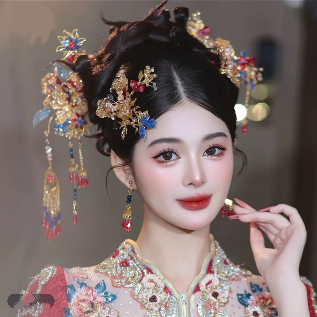 731新娘头饰新中式红蓝撞色水晶花朵秀禾古风结婚731