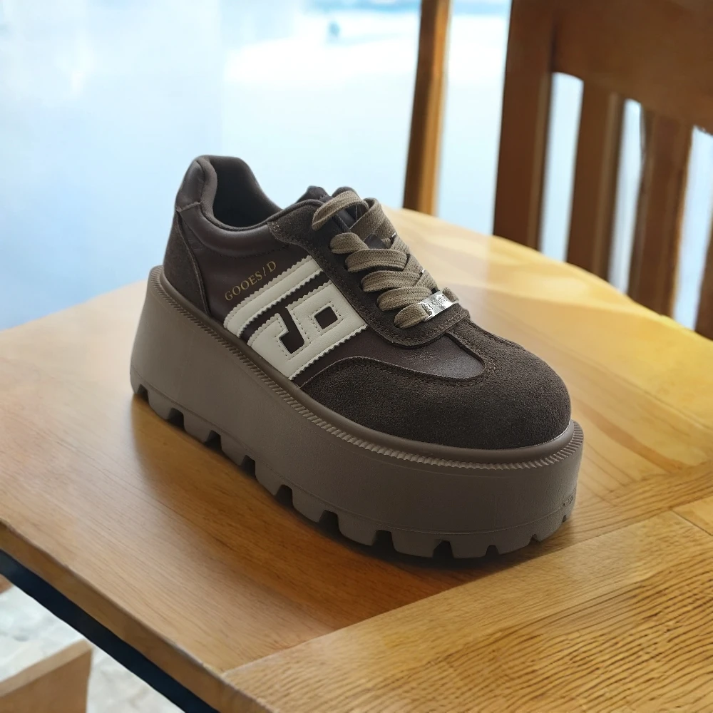 单鞋圆头百搭舒适秋季时尚休闲鞋厚款棕色运动鞋增高厚底女鞋系带