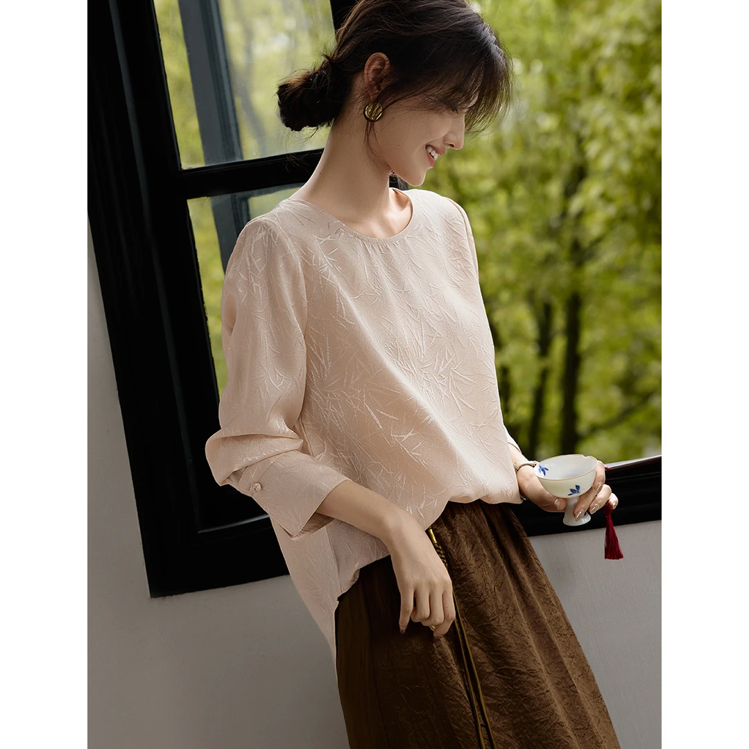 XWI/欣未新中式竹叶提花缎面圆领衬衫25秋季时尚气质显瘦国风衬衣