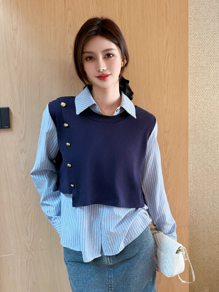 2025春新款女装洋气拼接假两件条纹衬衫小个子休闲显瘦设计感上衣