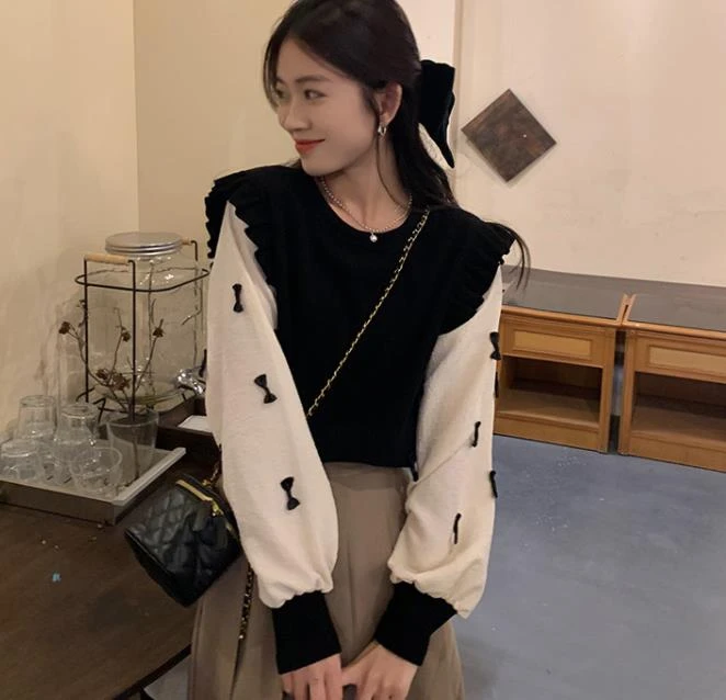 甜美气质设计感小众衬衫女春秋假两件拼接针织衫宽松长袖t恤ins潮