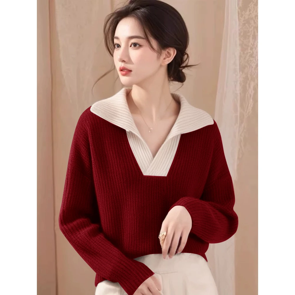 冷淡系慵懒毛衣女高级感秋冬季新款拼色半开翻领长袖休闲质感上衣