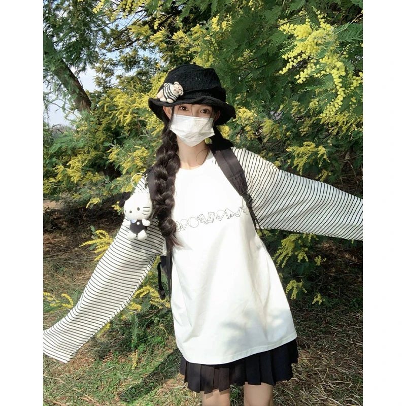 美式复古字母印花条纹长袖t恤女早秋新款设计感小众休闲宽松上衣