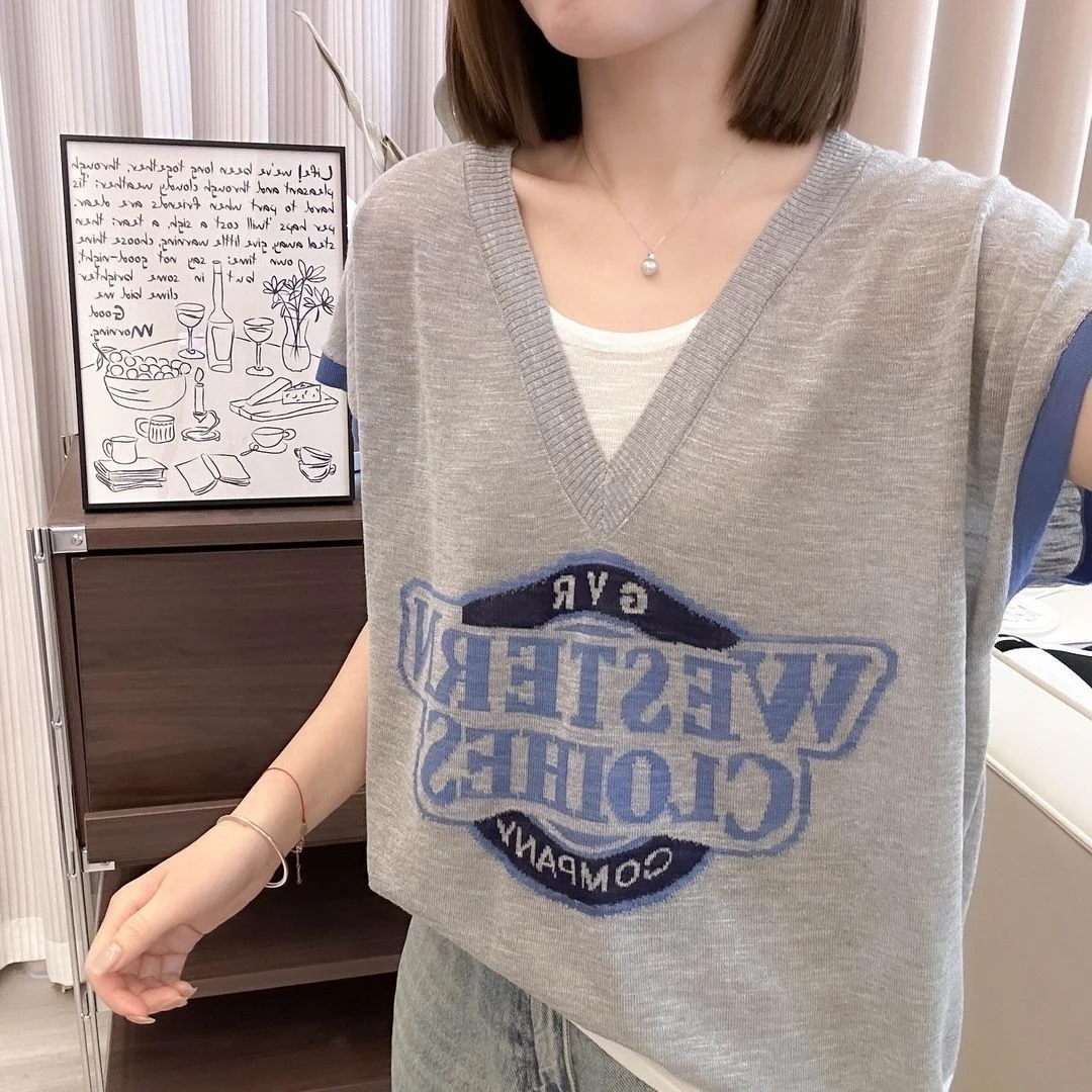 大码女装假两件显瘦冰丝短袖上衣宽松遮肉设计感撞色印花恤广东
