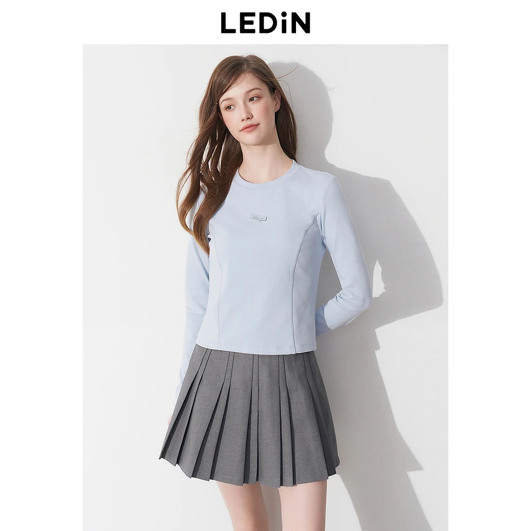 【欧若风】乐町韩系通勤设计字母绣花长袖T恤25春季新款修身上衣