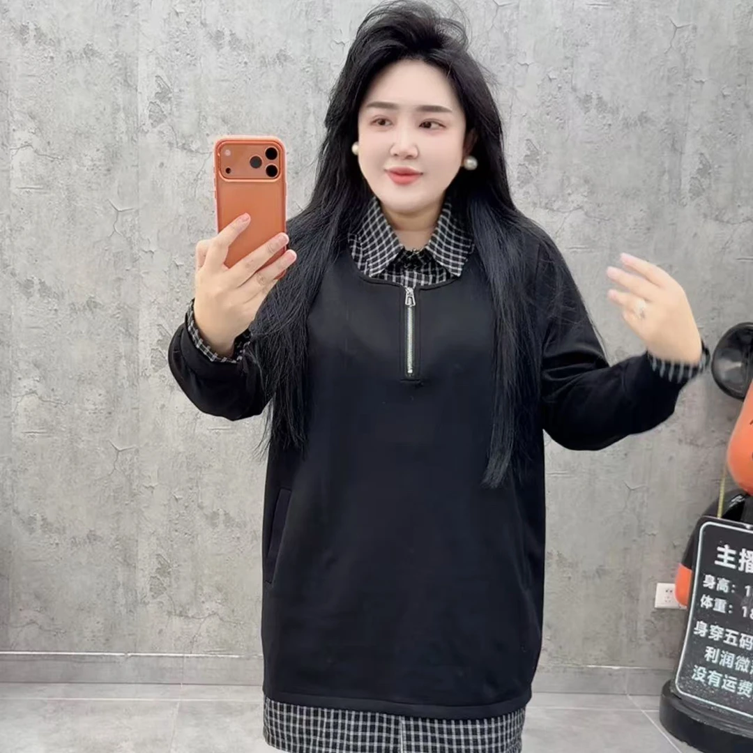 韩版假两件翻领格子拼接中长款卫衣