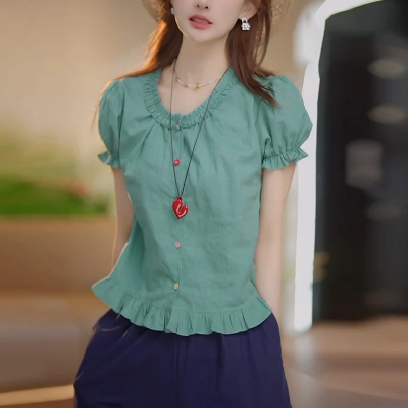 法式设计感亚麻衬衫女士2025夏季新款洋气减龄休闲显瘦木耳边上衣