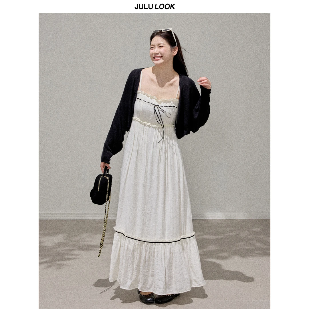 巨鹿工作室“风吹过白崖”微胖mm纯欲花边拼接吊带裙大码连衣裙开衫