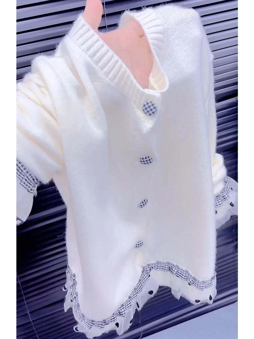 温柔风甜美蕾丝拼接波点毛衣外套女早秋季设计感长袖针织开衫上衣