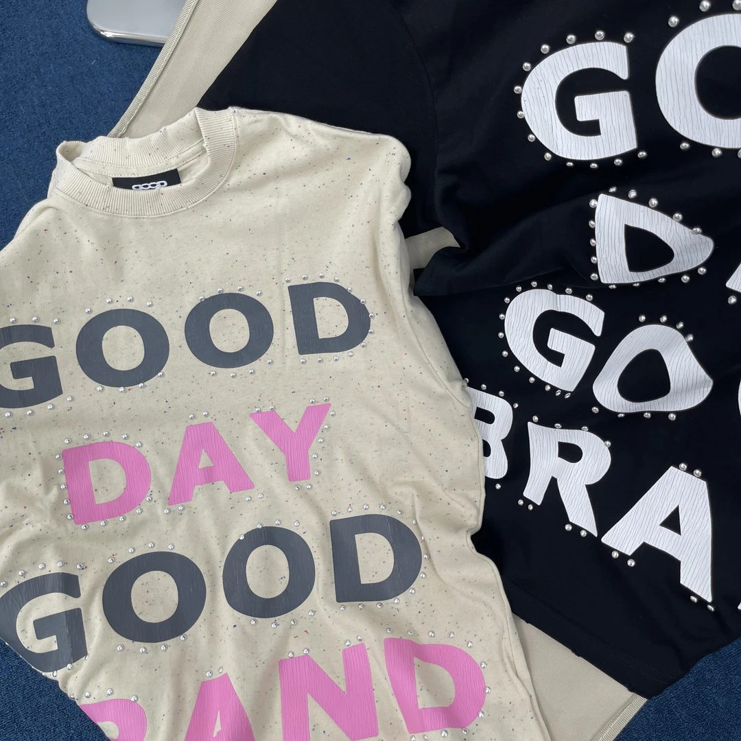 【虚轴心】320克 GOOD铆钉字母爆裂纹印花磨破做旧短袖T恤男女同款