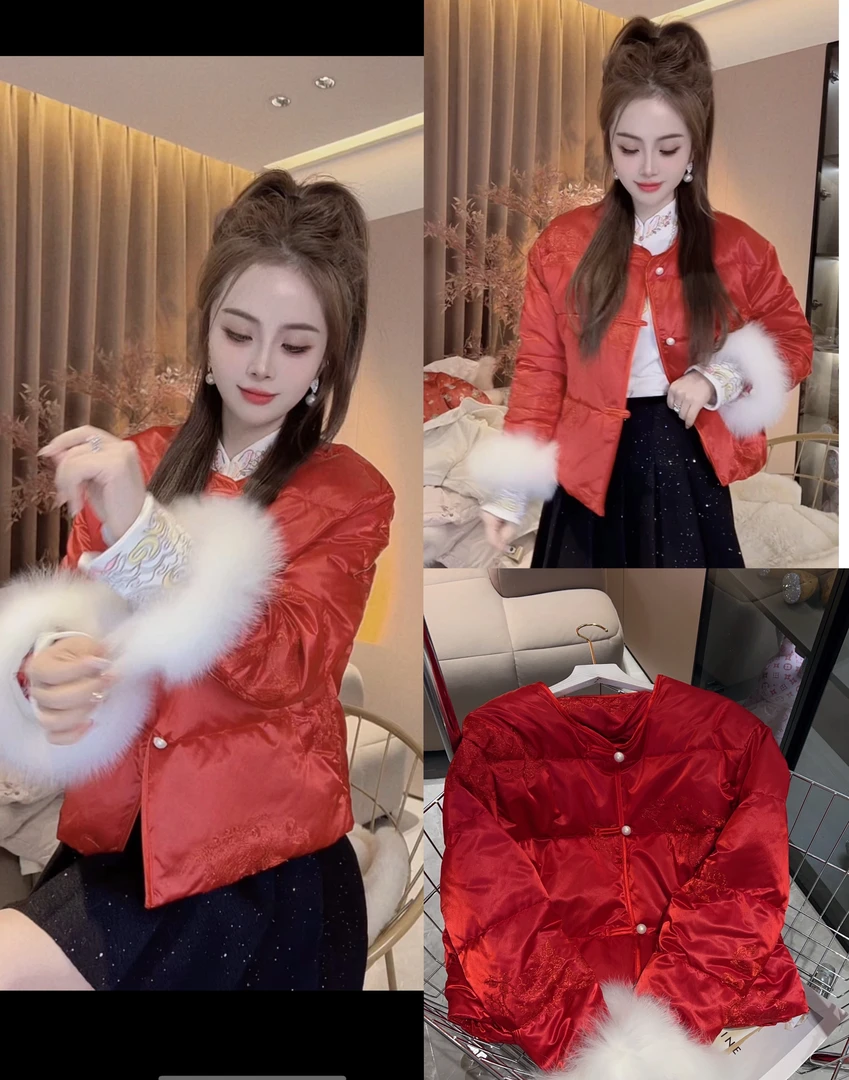 SS.studio/双双“五福临门”新款刺绣重工狐狸毛白鸭绒高级外套