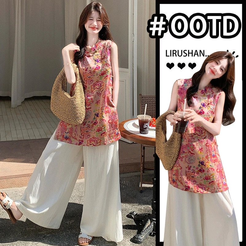 夏季新新孕妇套装新中式旗袍风无袖印花上衣高腰休闲抽绳阔腿裤子