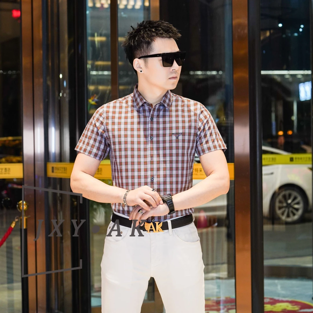 高级感男装男士短袖t恤衬衫夏季新款休闲服男装印花格子衬衫男款