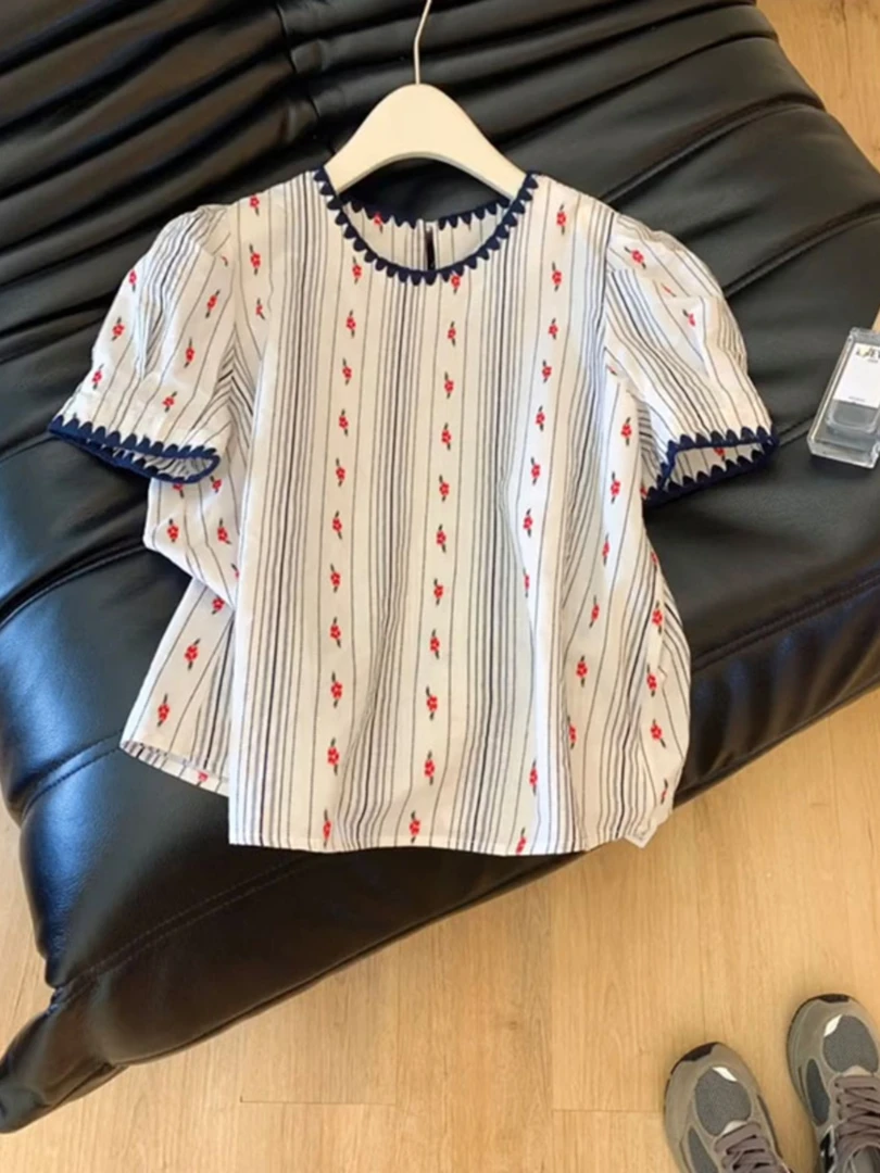 韩版chic撞色镶边泡泡袖衬衫女夏新款设计感小众洋气减龄小衫上衣