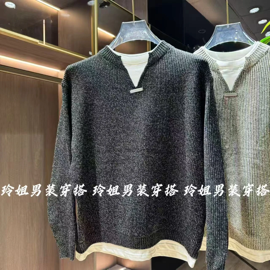 拼接撞色假两件套头针织毛衣男秋冬韩版高端痞帅宽松针织衫