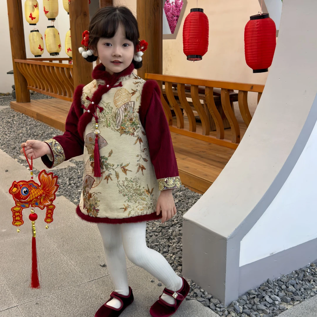 MOMOCO冬季新款女童新中式国风拜年服有袖夹棉连衣裙75830471019