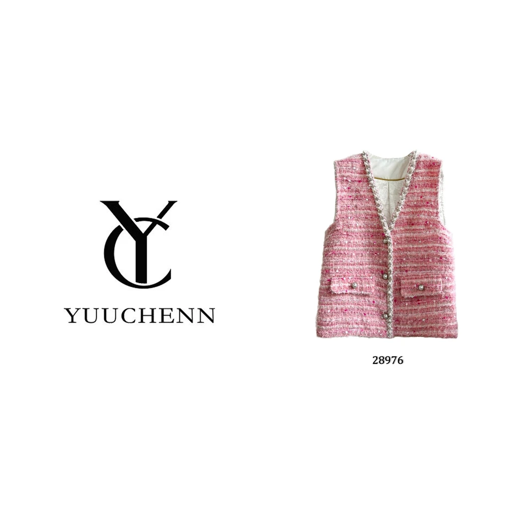 YUUCHENN  法式轻奢钉珠百搭小香风亮丝马夹女套装气质28976