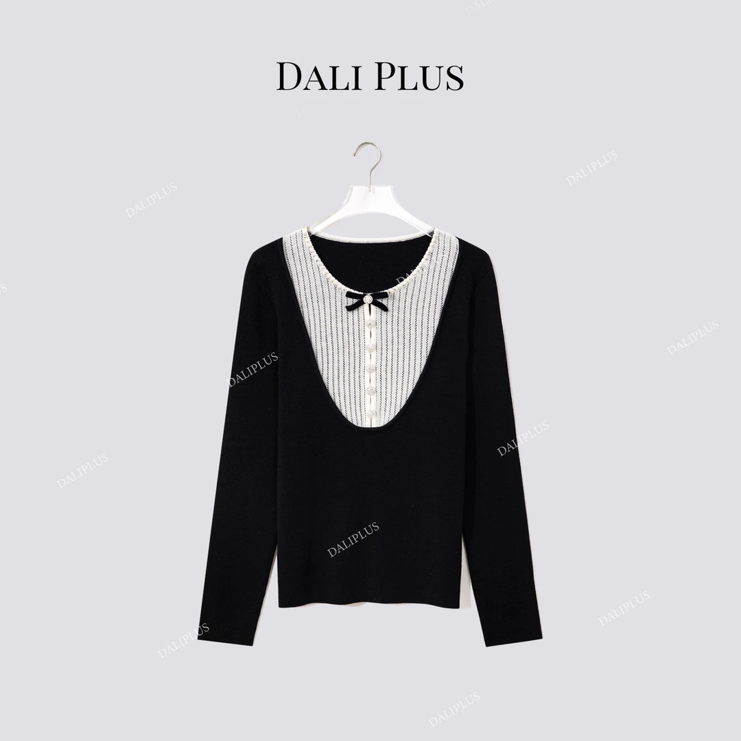 DALI PLUS“100超细精仿绵羊毛”撞色钉珠针织开衫-D5MM3308