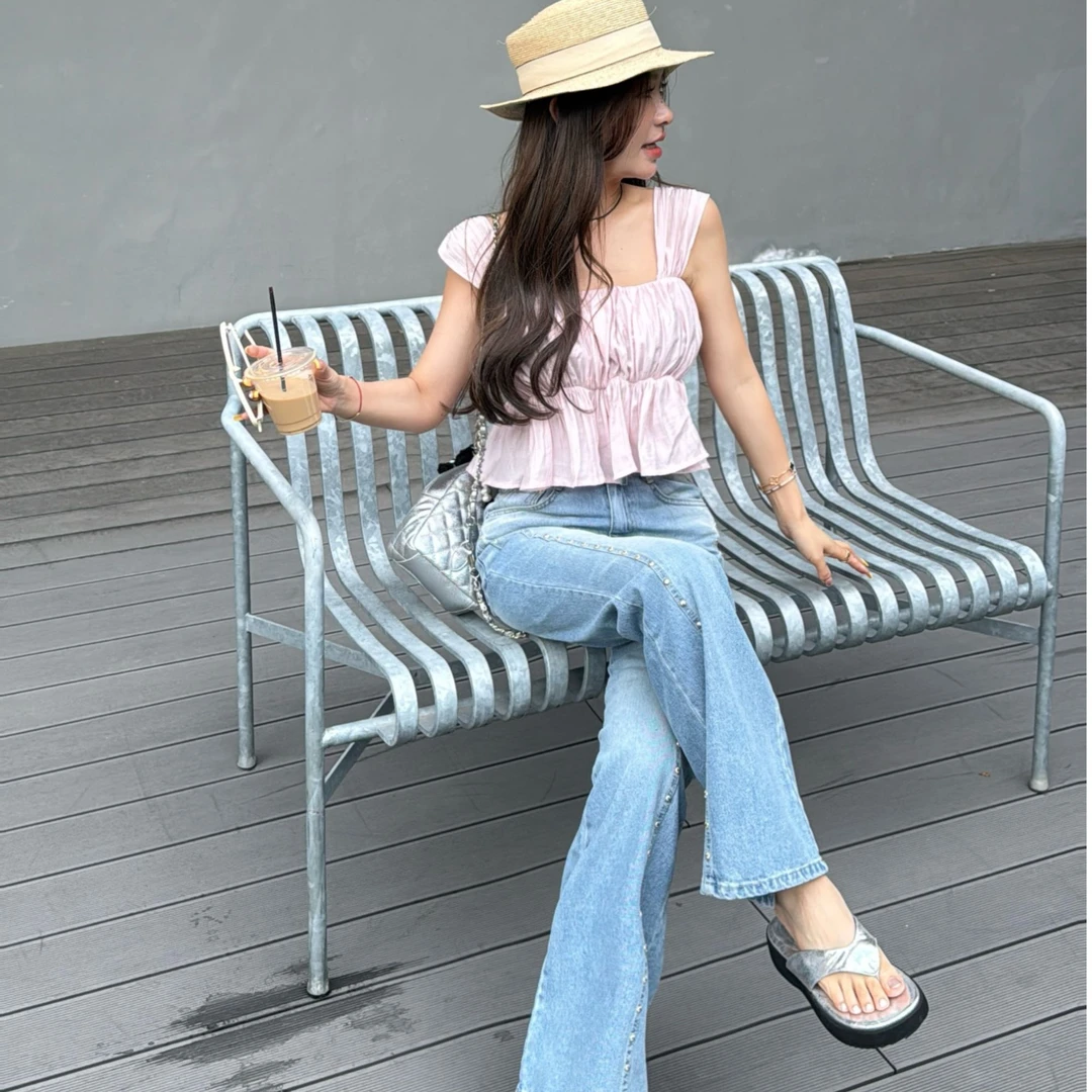 【YKL】粉色信签 甜美粉色方领褶皱吊带/蓝色重工柳钉牛仔裤