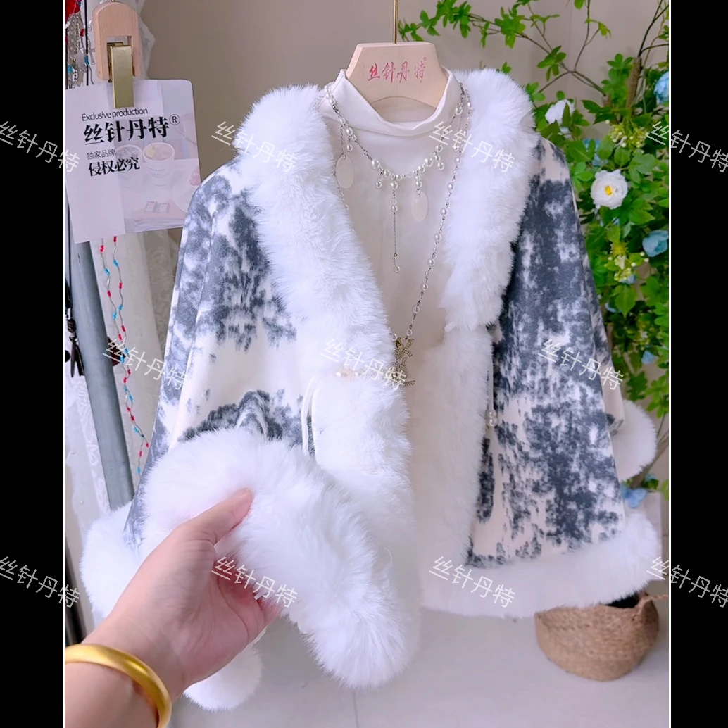 妍-蓝灰新款秋冬斗篷披肩中式国风加绒加厚毛茸茸配旗袍保暖外搭