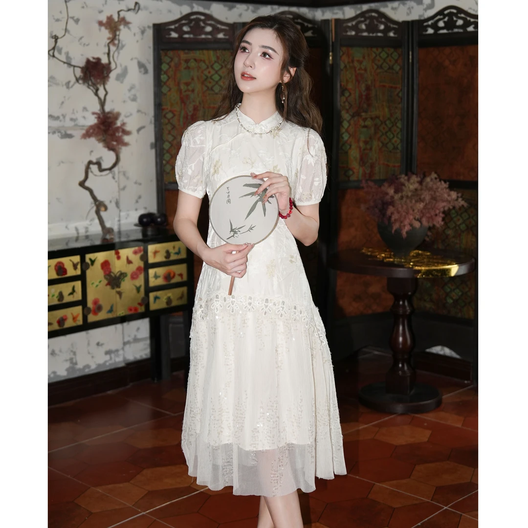 COCO BECCI【花知晓】新中式国风刺绣蕾丝气质连衣裙CFHHB3720119